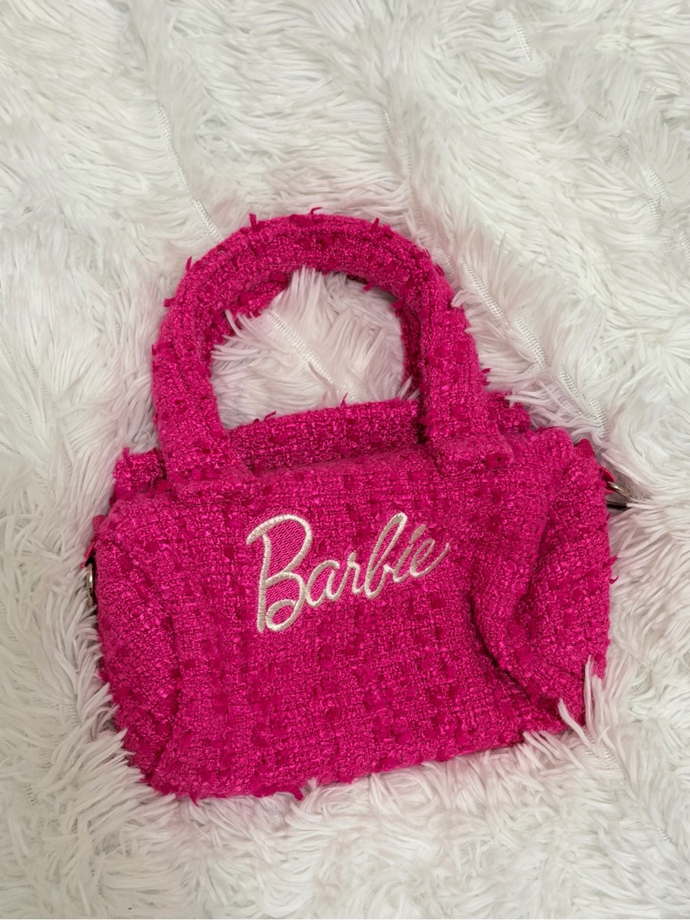 Barbie fuchsia tweed mini handbag with embroidered logo